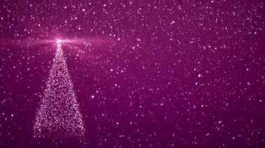 Mutlu Noeller video kartı. Parlayan parçacıkları ile parlayan ışık ile Noel ağacı. 4k döngü bayram canlandırması