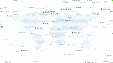 Arkaplanda hisse senedi fiyatlarının sembolleri ve dinamik Dünya haritası olan numaraların animasyonu. Değişken değişimleri gösteren finansal rakamlar ve diyagramlar, 4K küresel iş animasyonu
