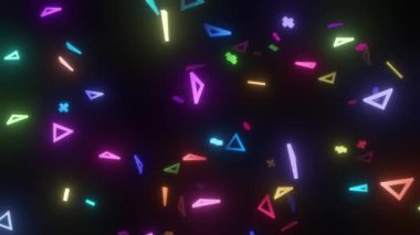 Renkli 3d ögeleri, üçgenleri ve siyah arkaplanda dönen haçları şekillendirir.