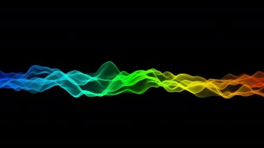 Ses kaydının 3 boyutlu renkli görselleştirmesi. Siyah arkaplanda 4K dalgalı soyut canlandırma