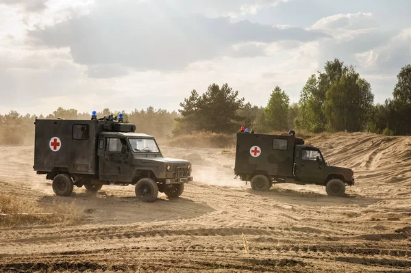 Military Vehicles Marked Red Cross Battlefield — Stock Photo, Image