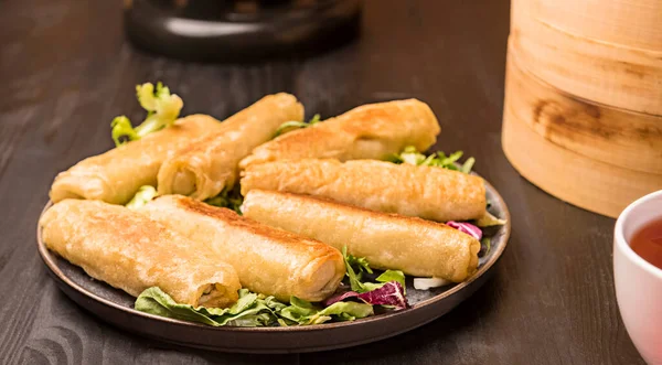 Chinese Style Meal Gyoza Dumplings Spring Rolls Rice Chicken — Stock Photo, Image