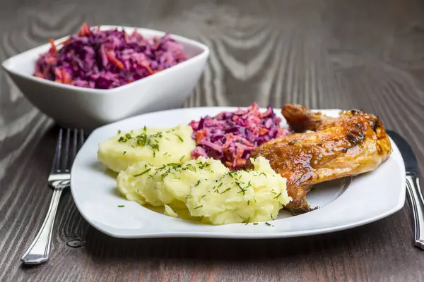 Baked Chicken Leg Mashed Potatoes Red Cabbage Salad Delicious Home Royalty Free Stock Photos