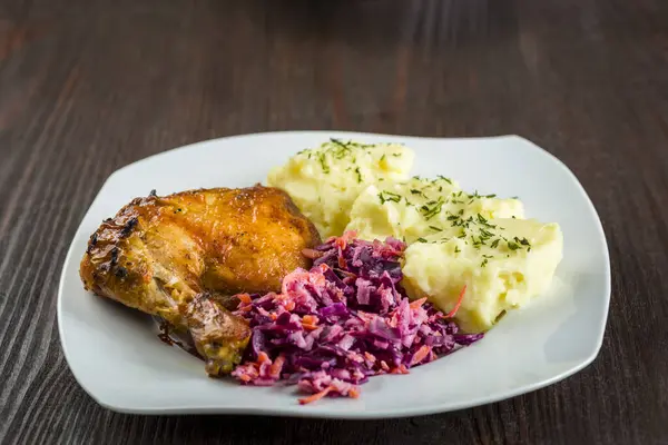 Baked Chicken Leg Mashed Potatoes Red Cabbage Salad Delicious Home Royalty Free Stock Images