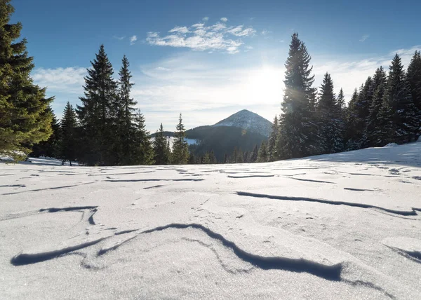 Winterlandschap Met Een Windkorst Sneeuw Bergen Een Sneeuwstorm — Stockfoto