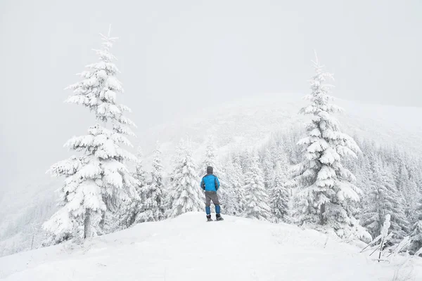 A man stands on a hill in a snow-covered mountain forest in winter