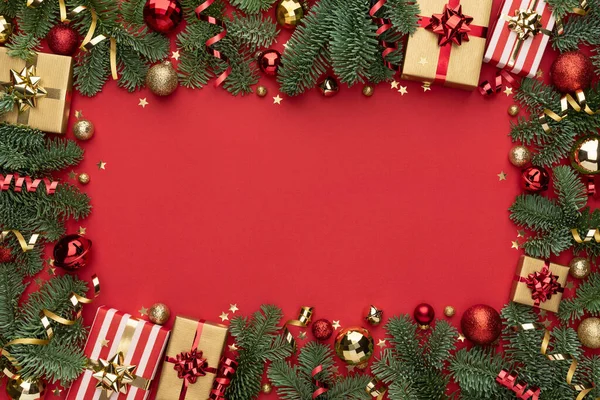 Red Christmas Background Ornament Frame Copy Space — Stock Photo, Image