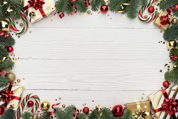 Moldura Ornamento Natal Fundo Madeira Branco Com Cópia Spase — Fotografia de Stock