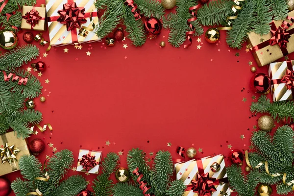 Natal Vermelho Fundo Ano Novo Com Moldura Ornamento — Fotografia de Stock