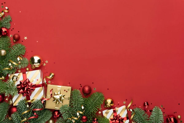 Fundo Natal Vermelho Com Decoração Borda Canto — Fotografia de Stock