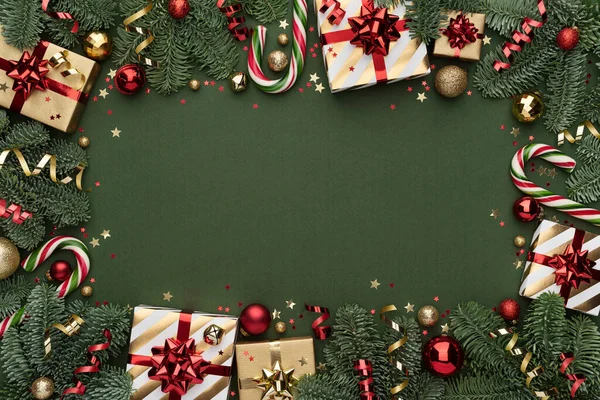 Dekoracja Christmas Frame Zielonym Tle Zdjęcie Stockowe