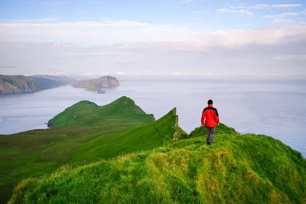 Hiking Mykines Island Overlooking Vagar Tindholmur Faroe Islands — Stock Photo, Image
