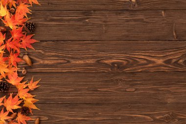 Fall Fall with Orange Maple (Turuncu Akçaağaç Akçaağaç) Kahverengi Ahşap Masa üzerinde Boşluk Bırakır