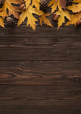 Sarı Akçaağaç ile Sonbahar Arkaplanı Kahverengi Tahta Masa Üzerinde Boşluk Bırakır