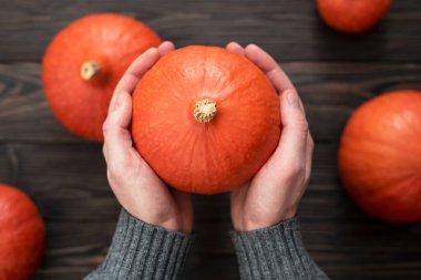 Uchiki Kuri Balkabağı Tutan Adam Tahta Masanın Üzerinde Daha Fazla Balkabağı Var