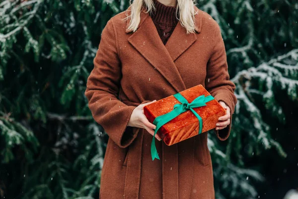Mulher Casaco Marrom Com Caixa Presente Natal Floresta Nevada Inverno — Fotografia de Stock