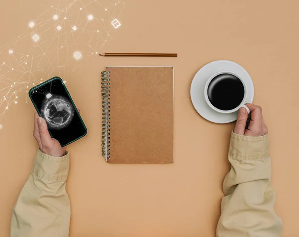 Pov View Female Hands Smartphone Next Notebook Cup Coffee Brown Rechtenvrije Stockafbeeldingen
