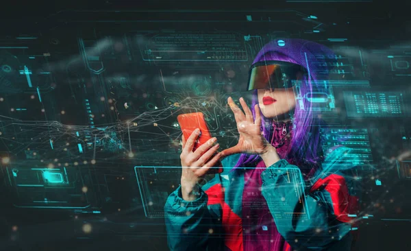 Concept Stylish Woman Glasses Smartphone Future Interface Dark Background Stock Picture