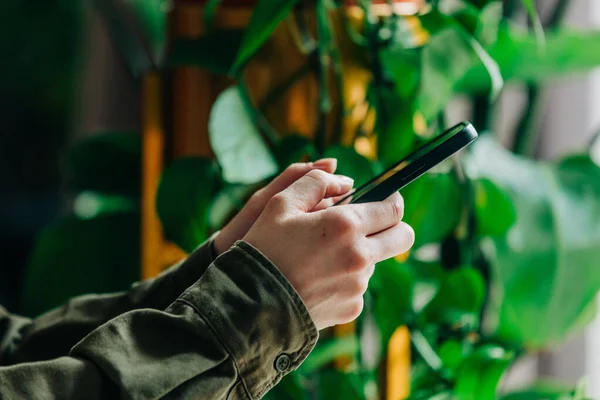 身穿绿色衬衫的女人手握智能手机 手握棕榈叶背 朝里看去 Bokeh植物侧视图 免版税图库照片