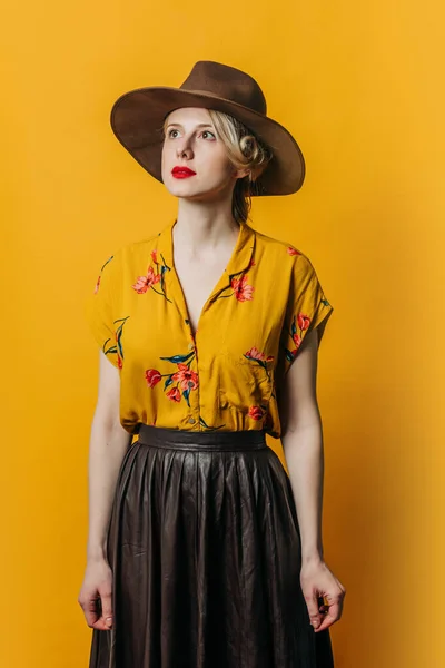 Stylish Blond Hair Woman Hat Shirt Skirt Yellow Background Stock Image