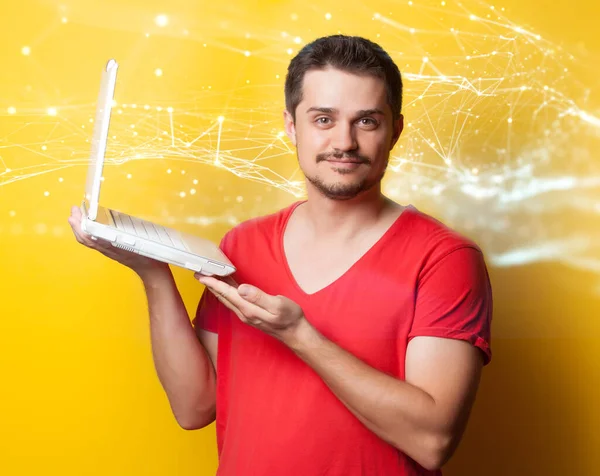 Stylish Young Guy Laptop Computer Abstract Connections Yellow Background — Stock Photo, Image