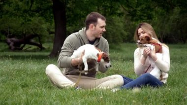 Jack Russell Teriyerli genç çift yeşil çimlerde oturuyor ve parkta öpüşüyorlar, Wroclaw, Polonya