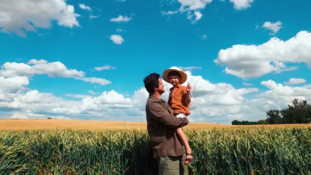 Genç Baba Oğul Buğday Tarlasında Mavi Gökyüzü Arka Planda Bulutlar — Stok video