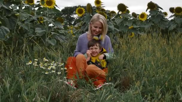Anne Oğlu Polonya Daki Ayçiçeği Tarlasının Yanındaki Yeşil Çimlerde Birlikte — Stok video