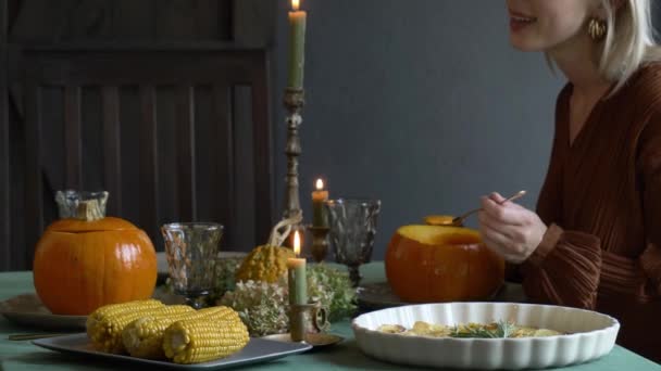 Woman Eating Pumpkin Soup Pumpkin Thanksgiving Dinner Poland — Stock Video