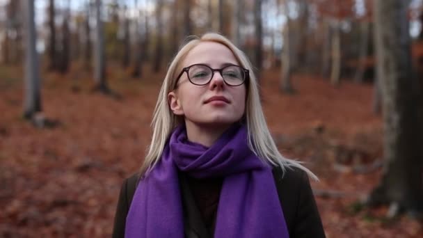 波兰秋天的森林里站着穿着紫色围巾和外套的时髦女人 — 图库视频影像