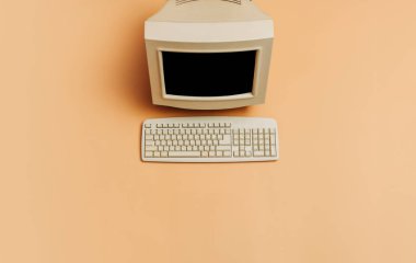 Kahverengi arka planda klasik bilgisayar, üst görünümde. 90 'lardaki gibi monitör ve klavye