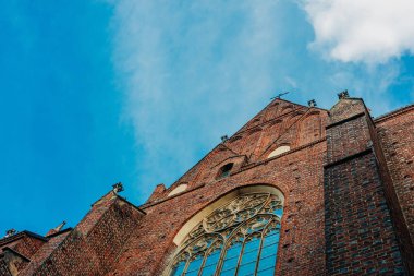 Gotik bir kilisenin karmaşık cephesi parlak mavi bir gökyüzüne karşı kurulmuştur, wroclaw, Polonya