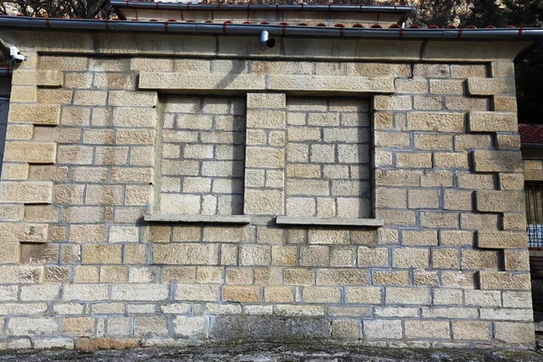 Two Bricked Windows Old Building Rechtenvrije Stockfoto's