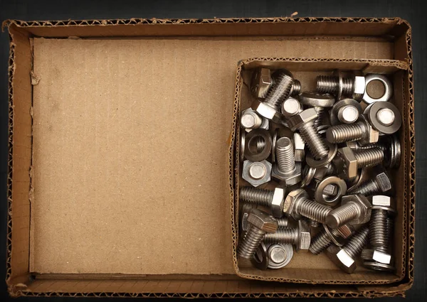 Bolts Washers Cardboard Box Space Text — Stock Photo, Image