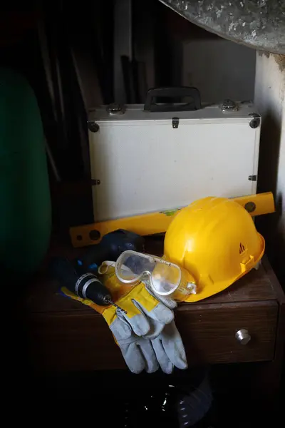Safety First Yellow Helmet Work Place Stock Picture