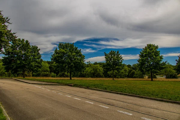 Piękny Letni Krajobraz Zielonymi Drzewami Łąką Polami Niebem Białymi Chmurami — Zdjęcie stockowe