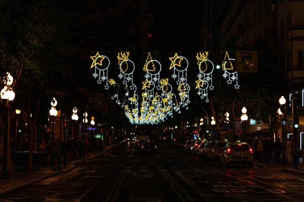 Belas Iluminações Natal Alicante Espanha Nas Ruas Noite — Fotografia de Stock