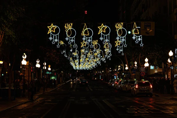 Bellas Iluminaciones Navideñas Alicante España Las Calles Por Noche —  Fotos de Stock