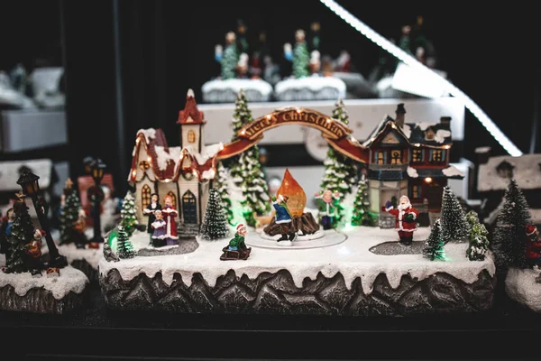 Beautiful Christmas Decorations Moving Figurines Winter Background — Stock Photo, Image