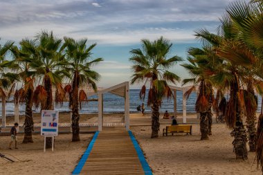 beautiful beach in alicante playa del postiguet spain path and palm trees on a sunny day