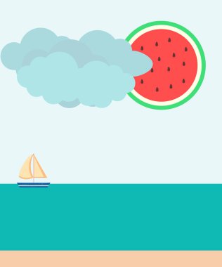 Yaz minimalist grafik deniz ve yelkenli güneş karpuzu
