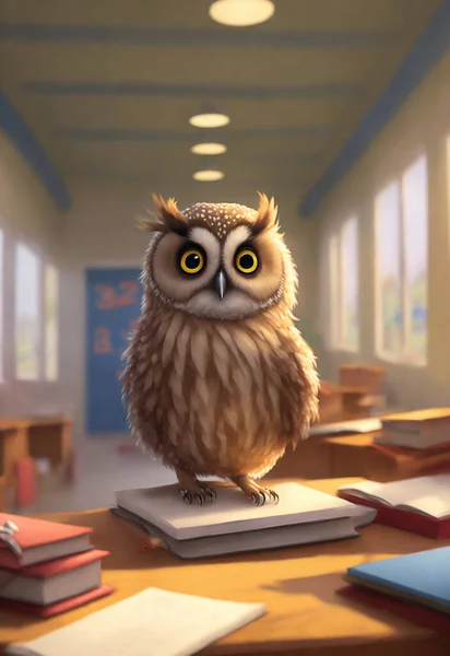 cute owl in school hall sitting on books symbol of wisdom