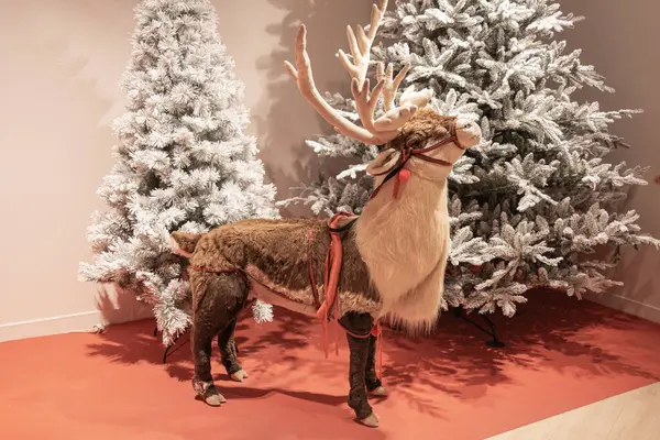 Kış yılbaşı ağaçlarının arka planında şirin Noel süslemeleri.