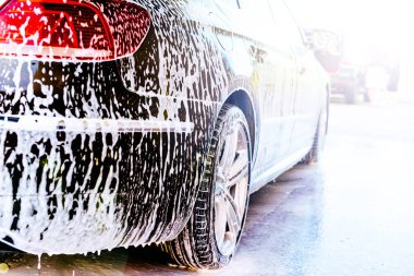 Koyu renkli bir arabanın vücuduna parlak güneş ışığında beyaz köpük sürülür.