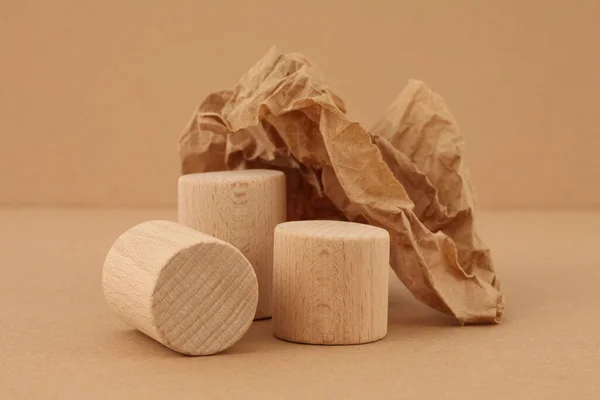 Wooden Eco Rustic Platform Podium Kraft Paper Beige Minimal Empty — Stock Photo, Image