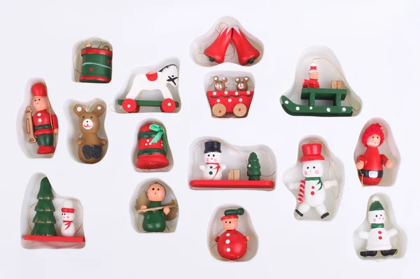 Klein Decoratief Houten Kerstspeelgoed Witte Doos — Stockfoto