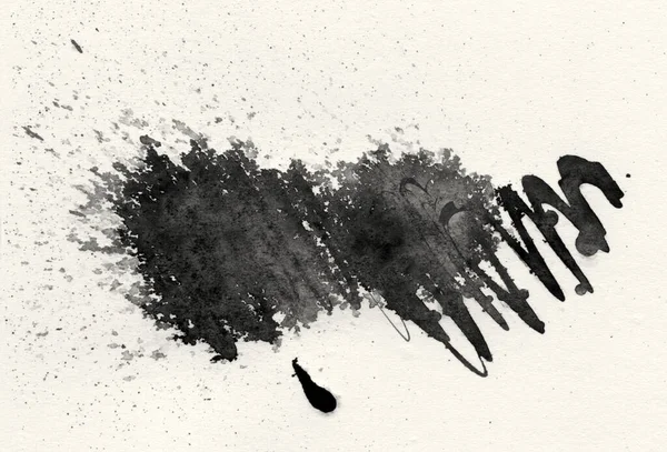 Black Watercolor Ink Blot Drops Paper Beige Texture Copy Space — Stock Photo, Image