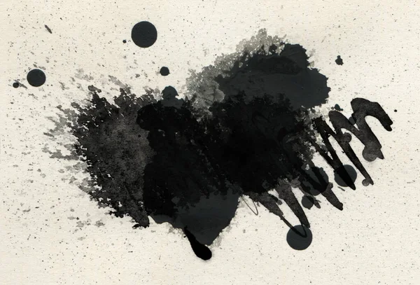 Zwarte Aquarel Inkt Vlek Druppels Papier Beige Textuur Kopiëren Ruimte — Stockfoto