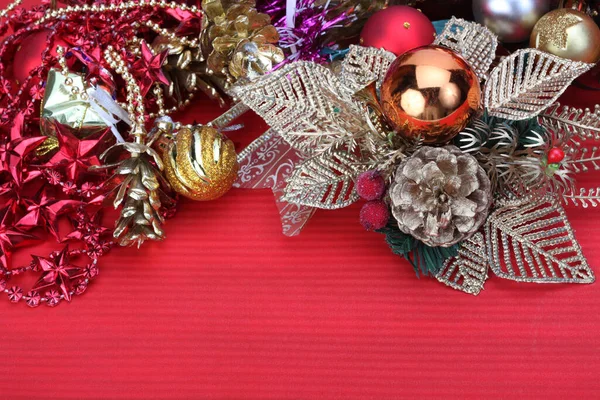 Γκρο Πλαν Χριστούγεννα Λάμψη Λάμψη Glitter Μπάλες Διακόσμηση Κόκκινο Αντίγραφο — Φωτογραφία Αρχείου