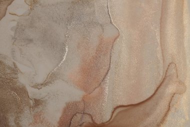 Soft wet watercolor paper texture painting wall. Abstract bronze, gold, nacre and beige marble copy space background.